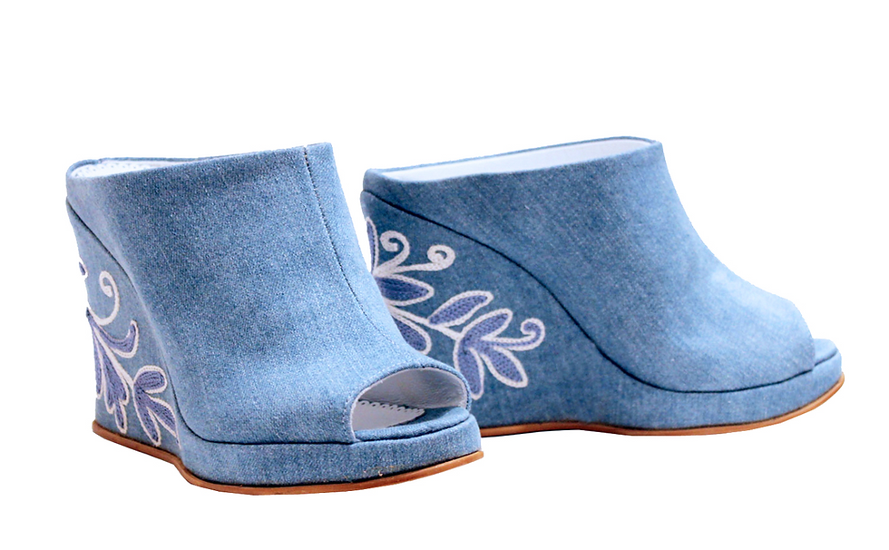 Denim Embroidered - Slip On Wedge