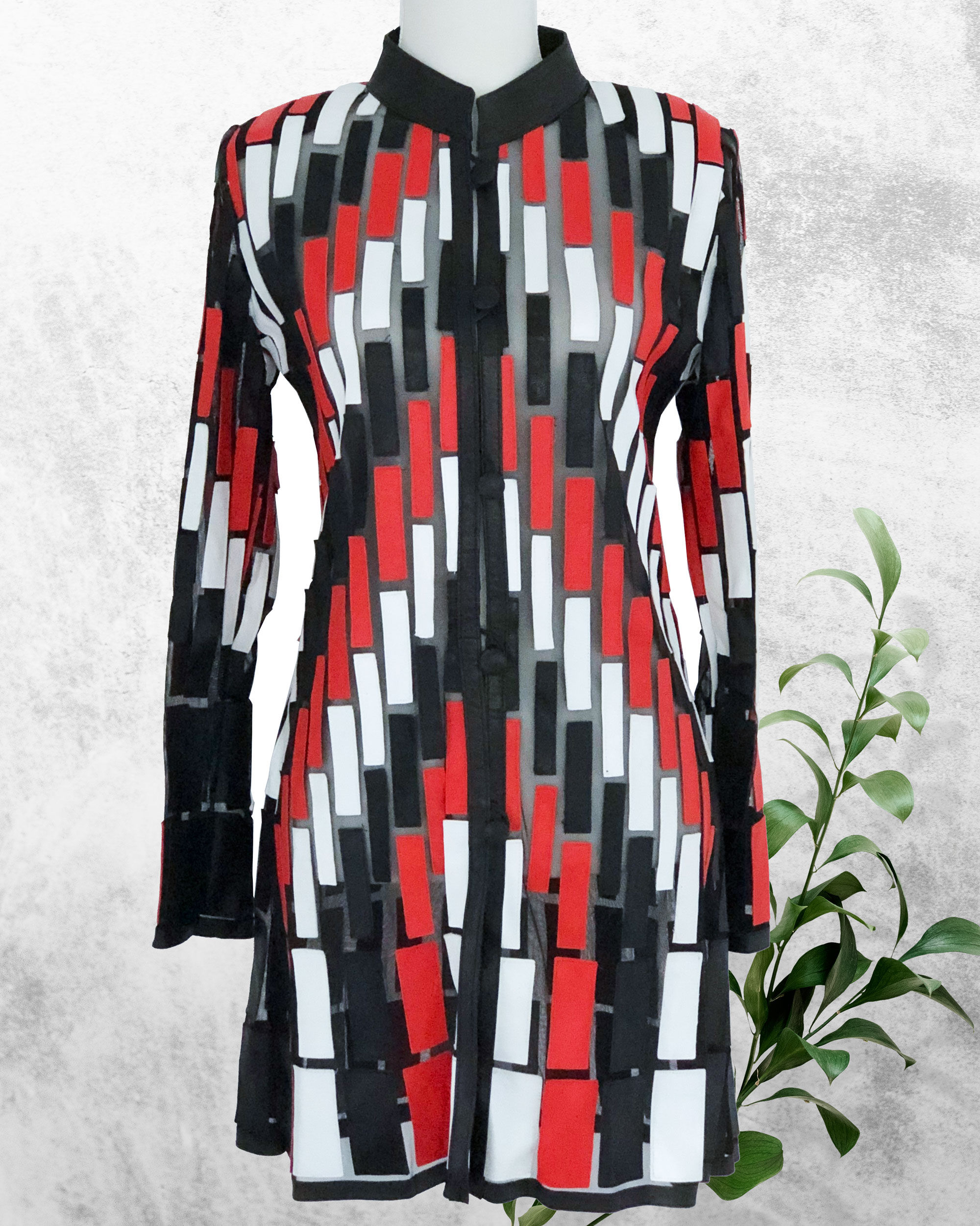 Leather Mesh Long Jacket -Black/Red/White Panel