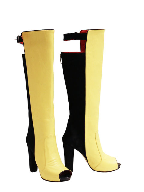 ZEYZANI Designer Boots, Black Yellow Peep Toe - Chunky Heel