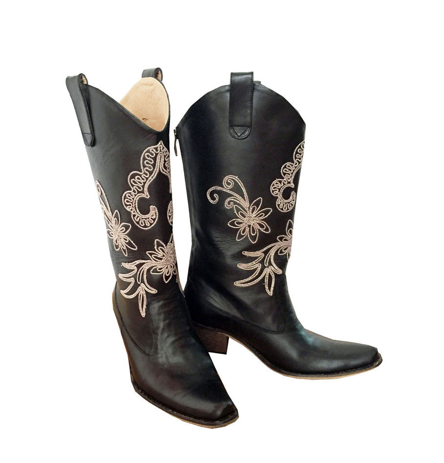 Thumbnail: Black Leather Embroidered - Pull On Cowboys