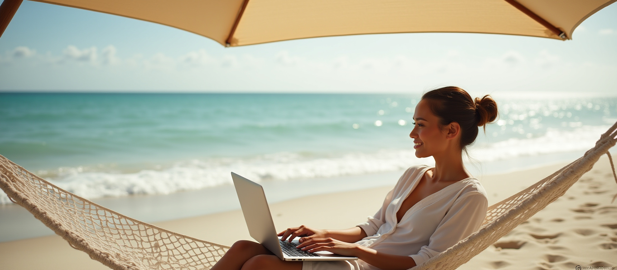 A wide-angle photograph of a young woman sitting on a secluded beach on a sunny day under an umbrella working on her laptop computer earning money with her own business that allows her the freedom to work from anywhere including on the seashore while watching the waves tickle her toes in the warm sand. The young woman is smiling and looks serene and satisfied with the life she made because of her choice to become her own boss and set herself free from the corporate workplace and a 9-to-5 schedule.
