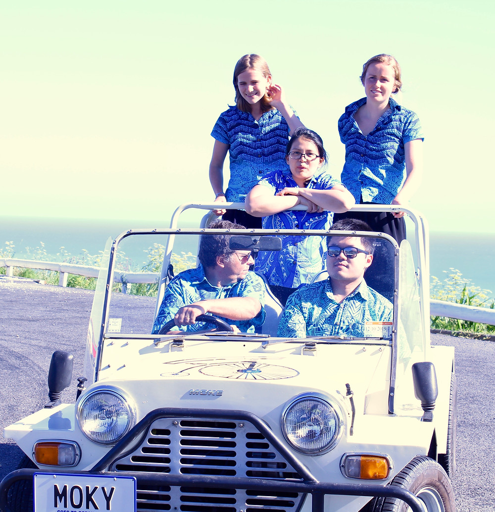 Dentists in Gisborne's Ocean Dental Centre driving Moky the Ocean Dental Mascot Car