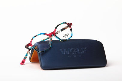 Colourful frame from Wolf Eyewear and spectacle case