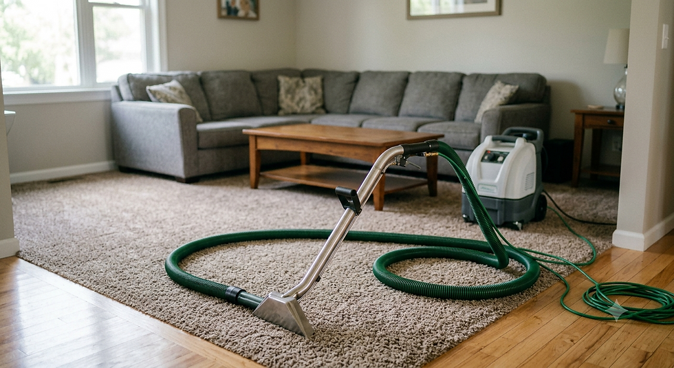 Professional carpet cleaning equipment and extraction wand on a clean carpet in a living room.
