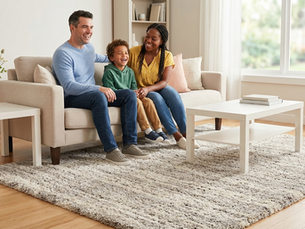 Happy family relaxing on a couch in a clean living room with fresh beige carpet in an Ocala home.