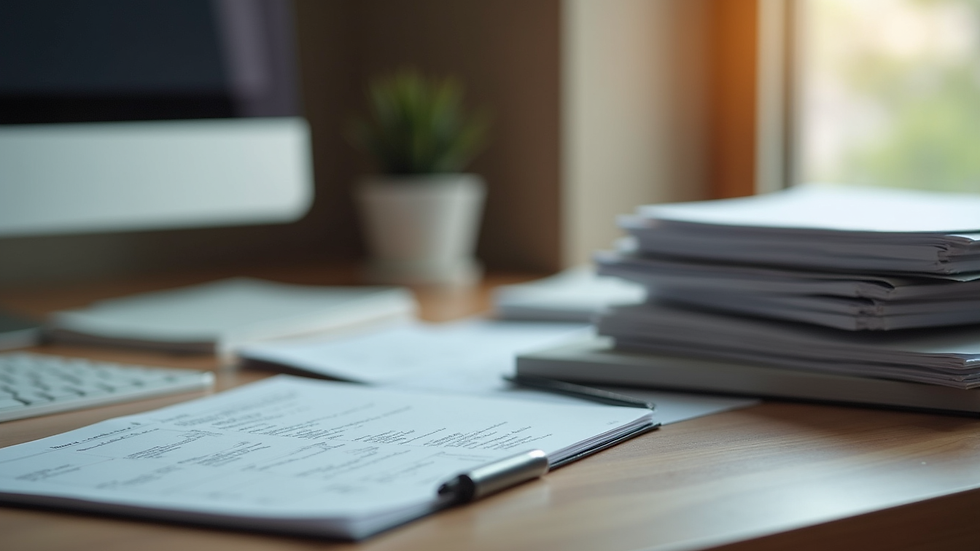 Plano detalle de escritorio con documentos y computadora portátil en oficina