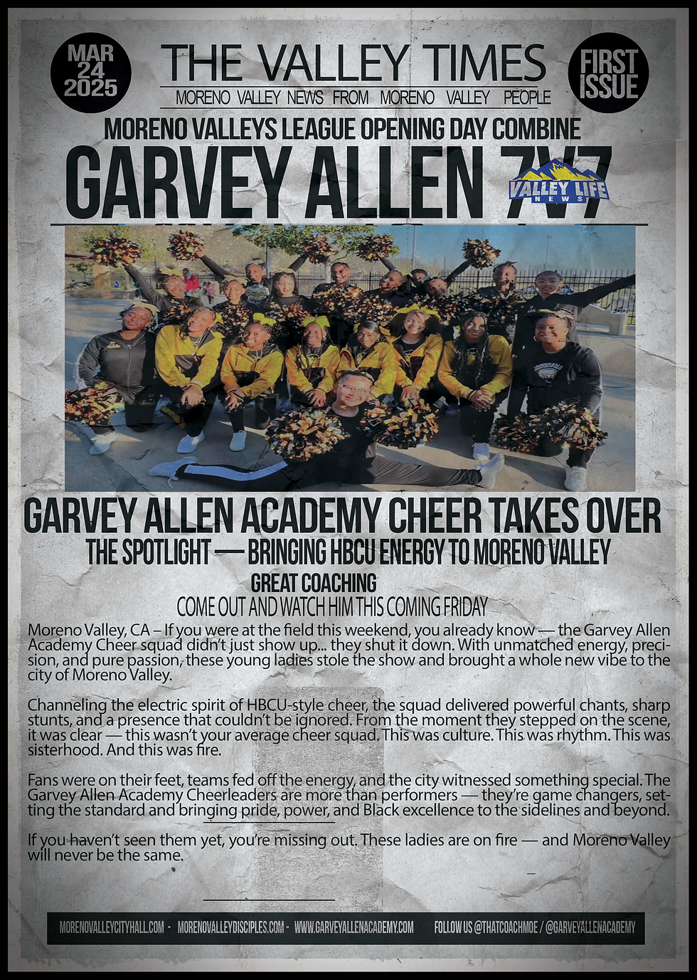 Moreno Valley, CA – If you were at the field this weekend, you already know — the Garvey Allen Academy Cheer squad didn’t just show up... they shut it down. With unmatched energy, precision, and pure passion, these young ladies stole the show and brought a whole new vibe to the city of Moreno Valley.