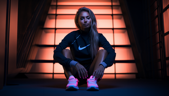 Woman sitting on stairs, wearing black Nike outfit with pink shoes, illuminated by vibrant backlighting.
