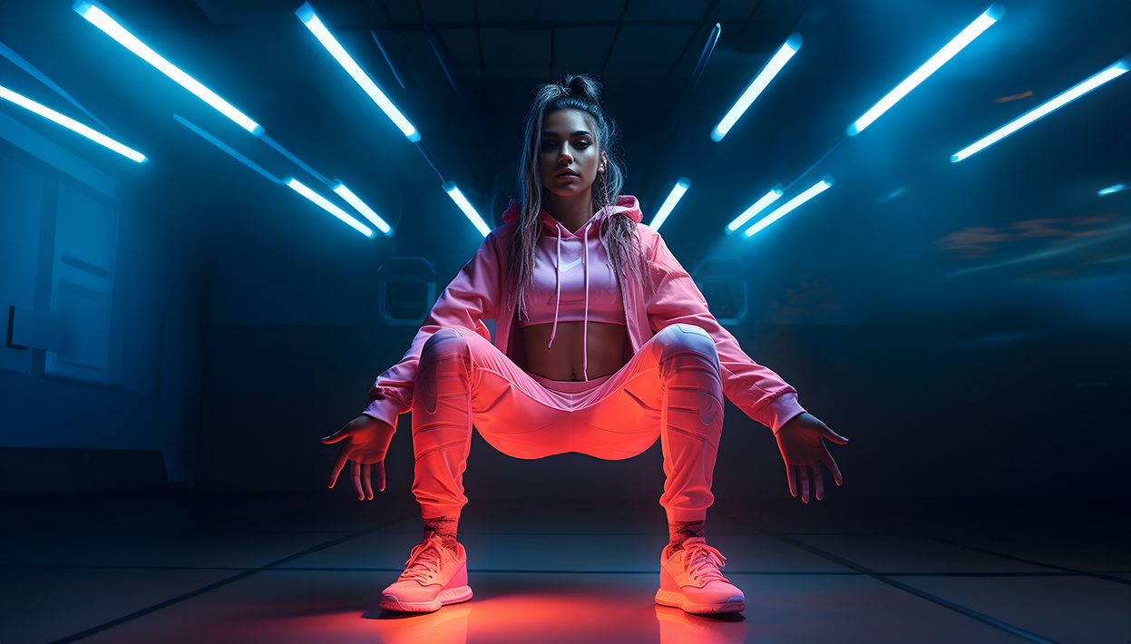 Woman in pink Nike outfit in futuristic neon-lit room, emphasizing Kjaeer's AI ad creativity."