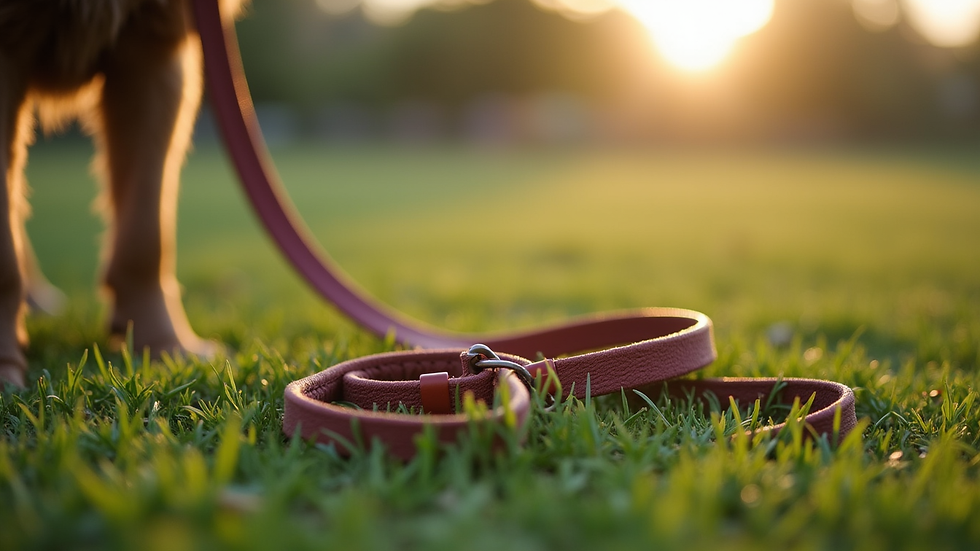 Close-up view of a dog leash and collar on a grassy field