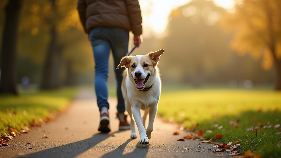 Close-up view of a dog happily walking with its owner on a park path