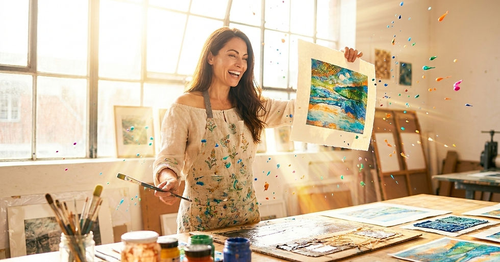 Femeie artistă zâmbind în atelier, ținând un monoprint colorat realizat prin tehnica collagraphy, cu pete de vopsea acrilică în zbor și mai multe printuri pe masă