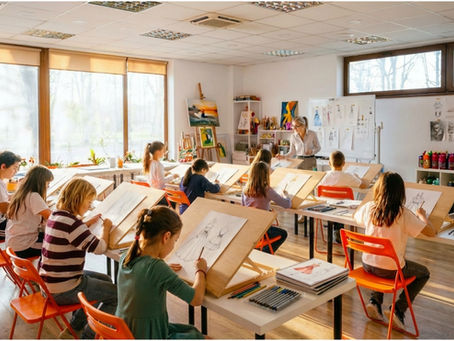 Curs de pictură pentru copii la Atelierul de Pictură din Constanța, într-o sală luminoasă, cu instructor, șevalete, planșe de desen și culori pe raft.