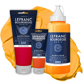 Culori acrilice Fine Lefranc Bourgeois — flacon de cerneală roșie, tub portocaliu și recipient albastru închis. Fundal galben auriu. Materiale de artă premium pentru artiști profesioniști.