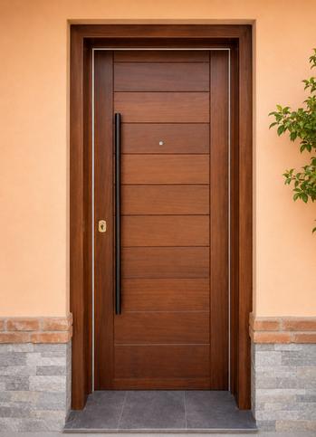 Puerta blindada de Alta Seguridad de madera con tirador negro