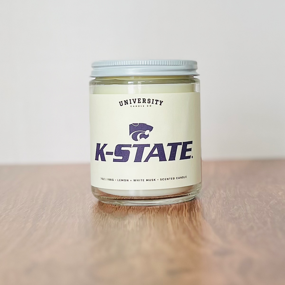 UNIVERSITY KANSAS K-STATE Wildcat logo candle, lemon, white sage, sandalwood.