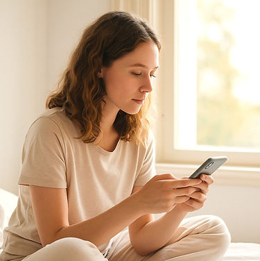 A woman sits on her bed, sunlight streaming through the window, as she looks thoughtfully at her phone.