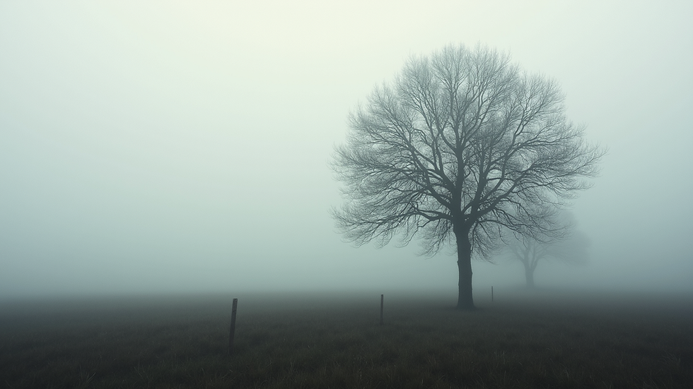 Eye-level view of a shadowed tree in a misty landscape