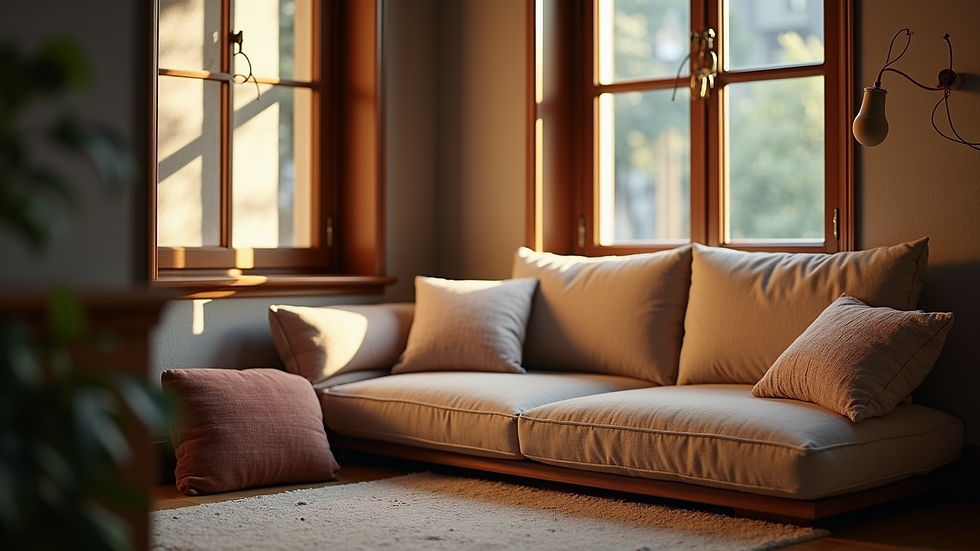 Eye-level view of a cozy nook with cushions and soft lighting