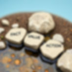 Three stepping stones labeled FACT, VALUE, ACTION across a small stream; clear labels; min