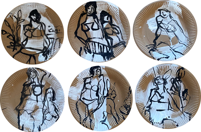 Drawings on disposable cardboard plates (23 cm in diameter) featuring dynamic female figures painted with acrylic, 2024.