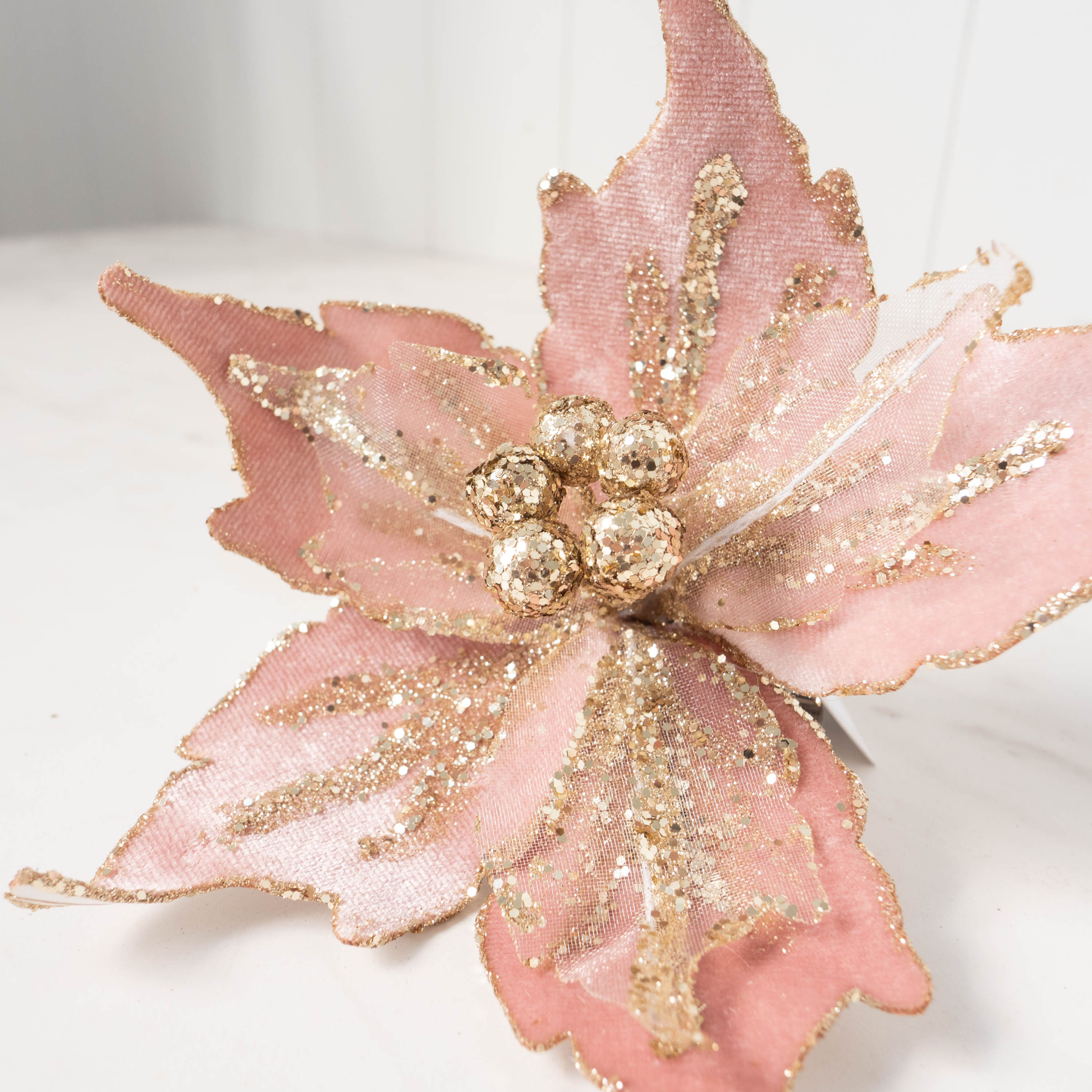 Sparkly Velvet Poinsettia Clip - Dusky Pink