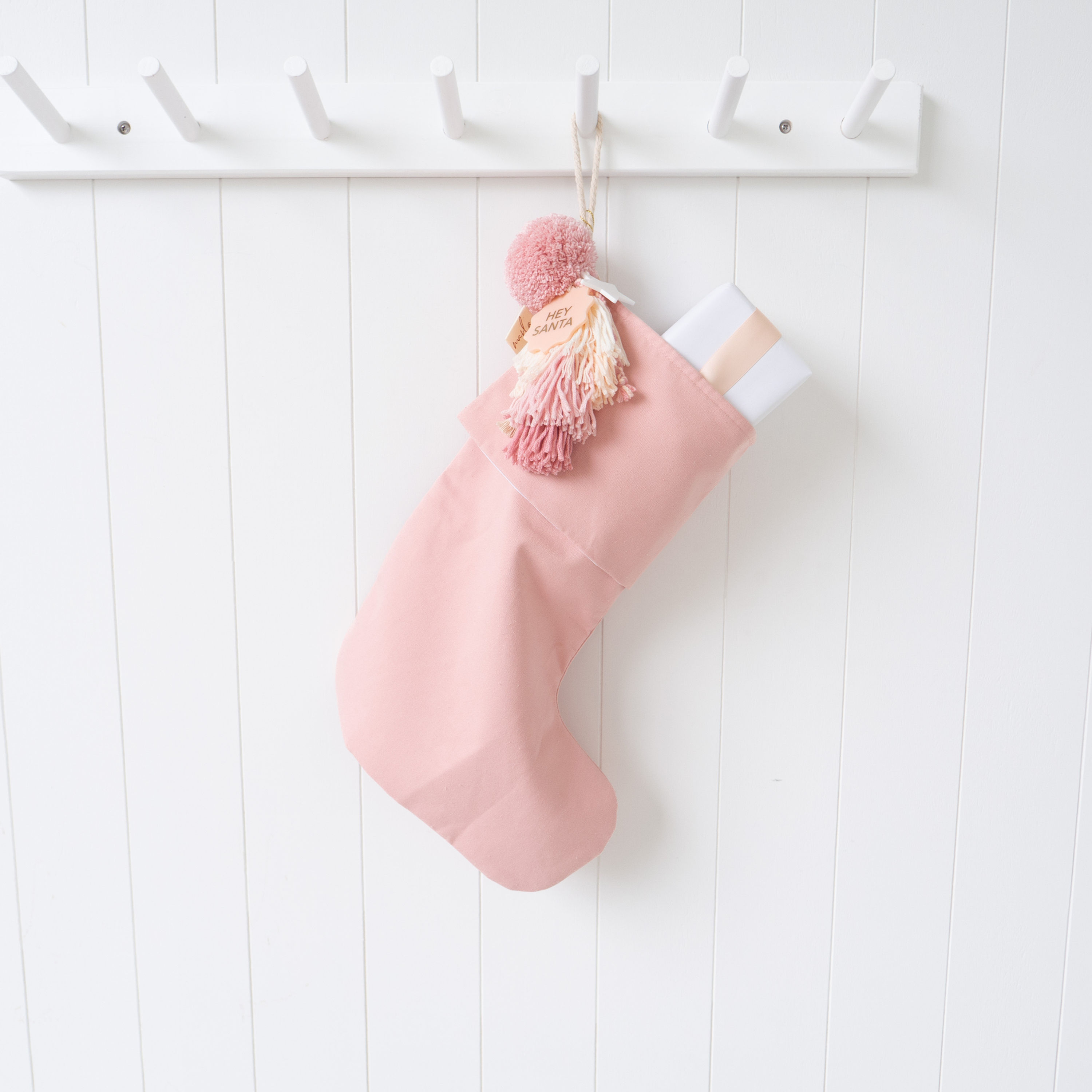 Cotton Santa Stocking - Soft Pink with Dusty Pink Pompoms