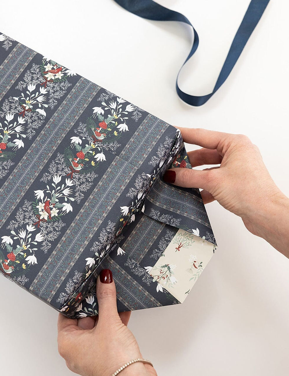 Thumbnail: Bespoke Letterpress Double-Sided Giftwrap - Christmas Birds / Heirloom Holly