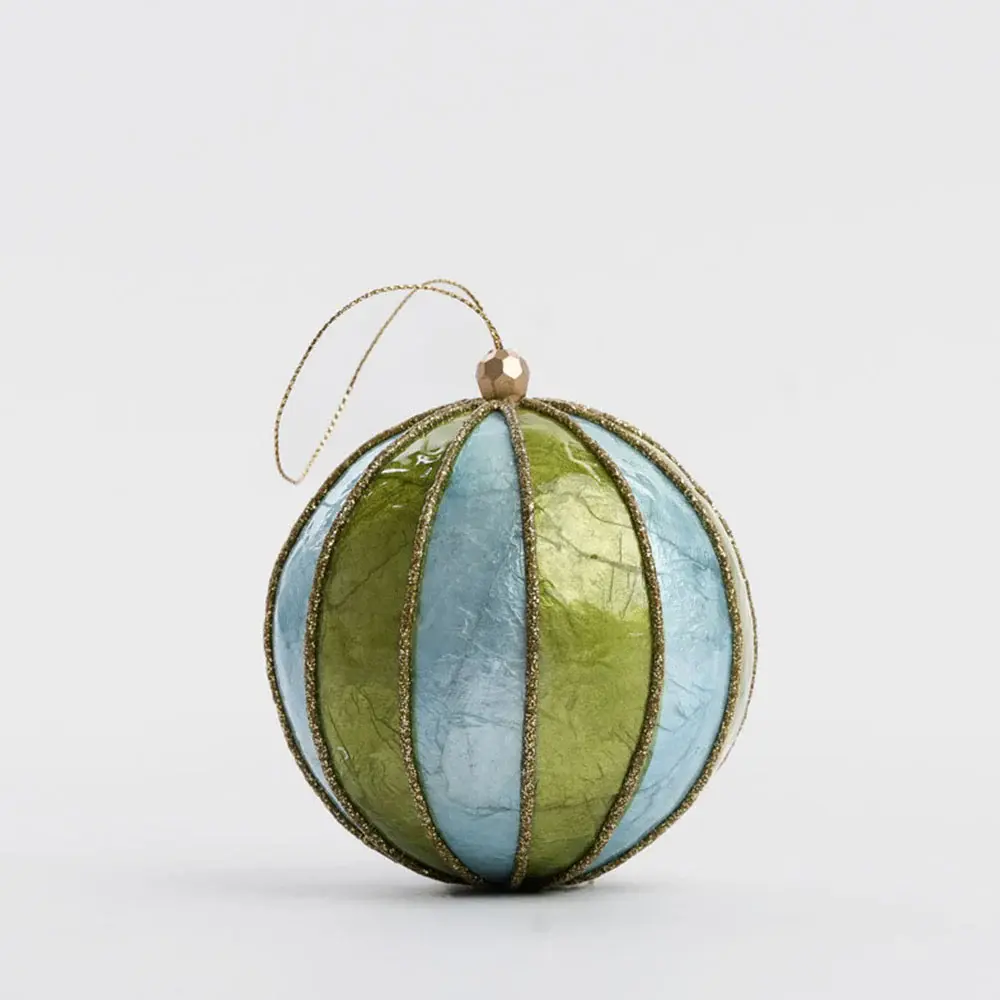 Hand Painted Capiz Shell Ornament - Carnival Stripe Bauble Blue & Green