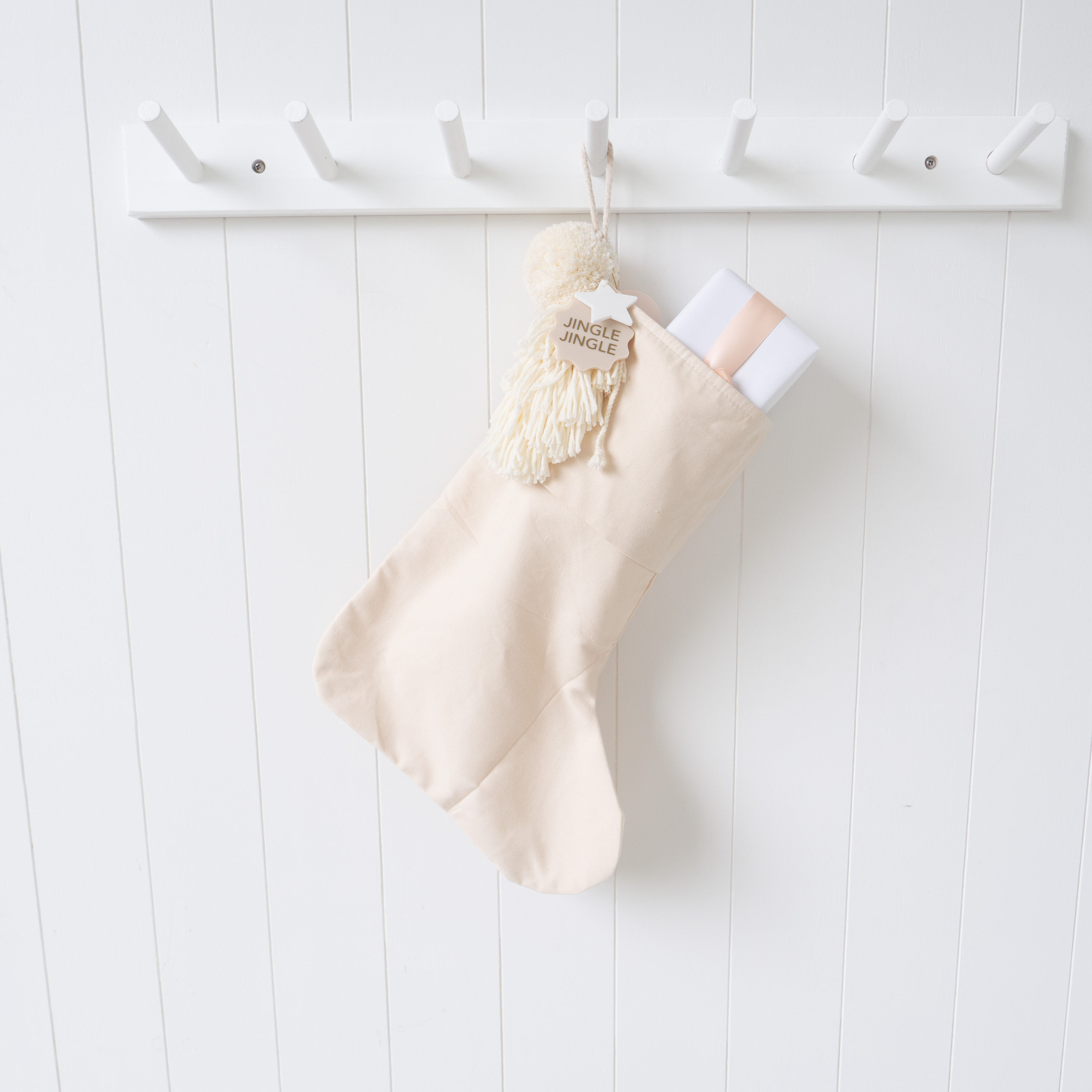 Cotton Santa Stocking - Cream with Vanilla Pom Poms