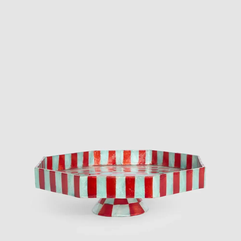 Hand Painted Capiz Shell Cake Stand - Carnival Checkers Red & Blue