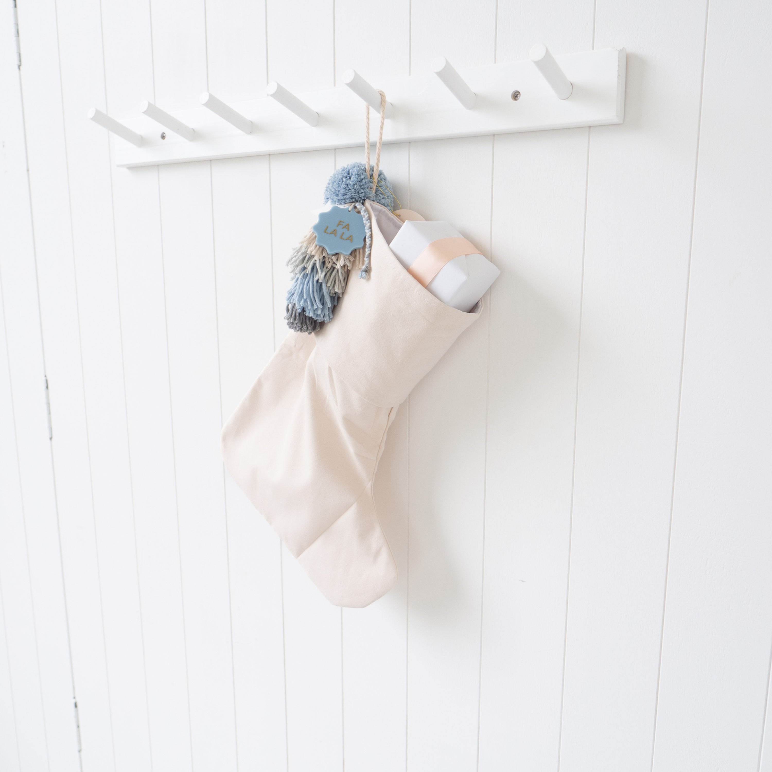 Cotton Santa Stocking - Cream with Blue Pom Poms