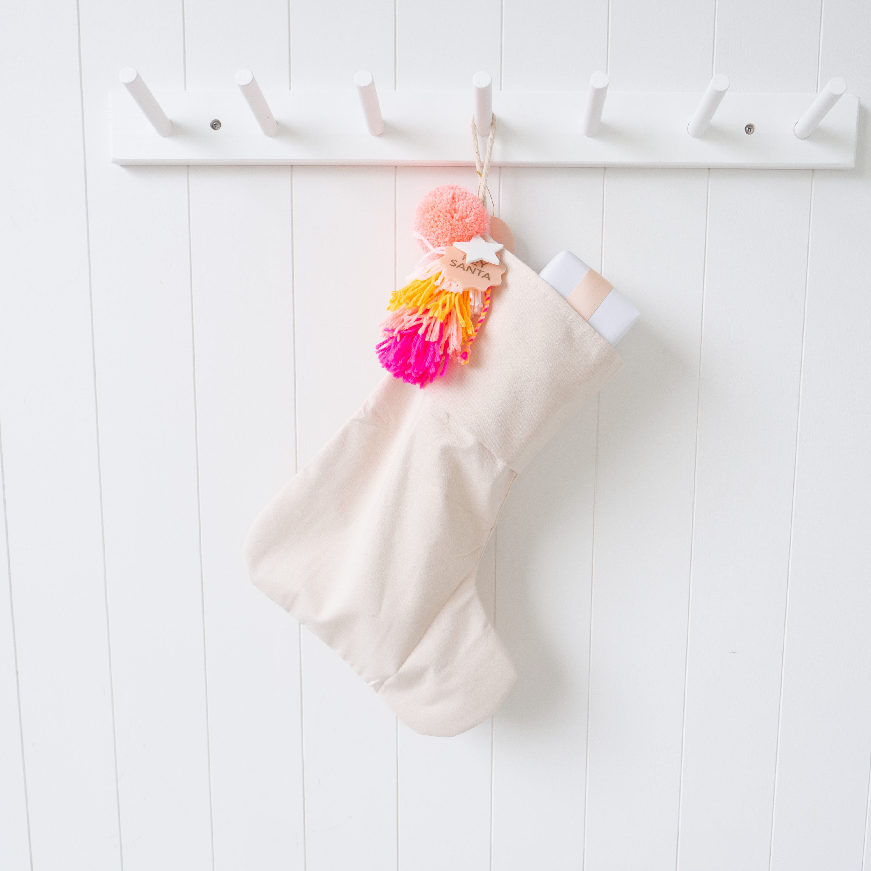 Cotton Santa Stocking - Cream with Bright Pom Poms