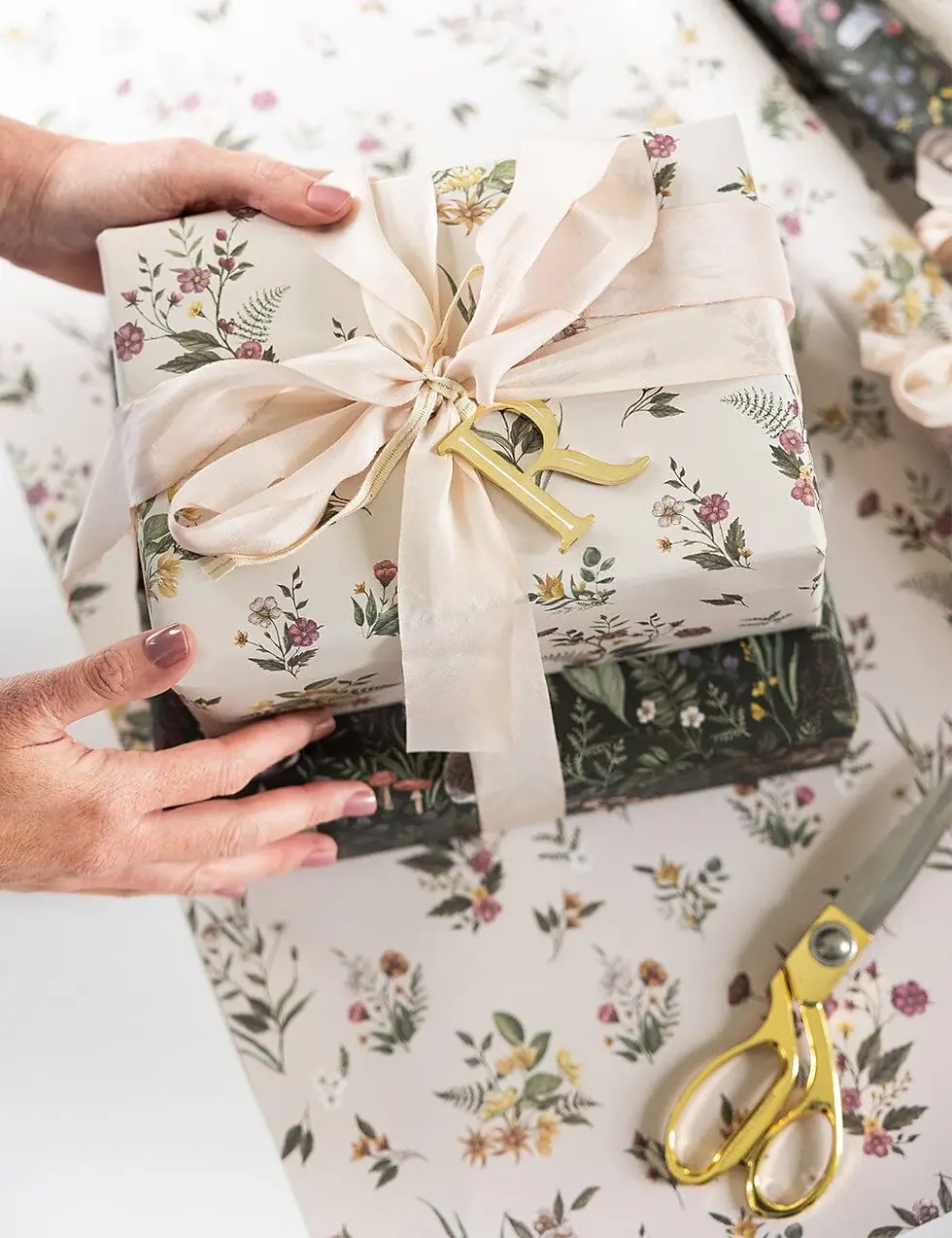 Thumbnail: Bespoke Letterpress Double-Sided Giftwrap - Dainty Blooms / Forest Friends