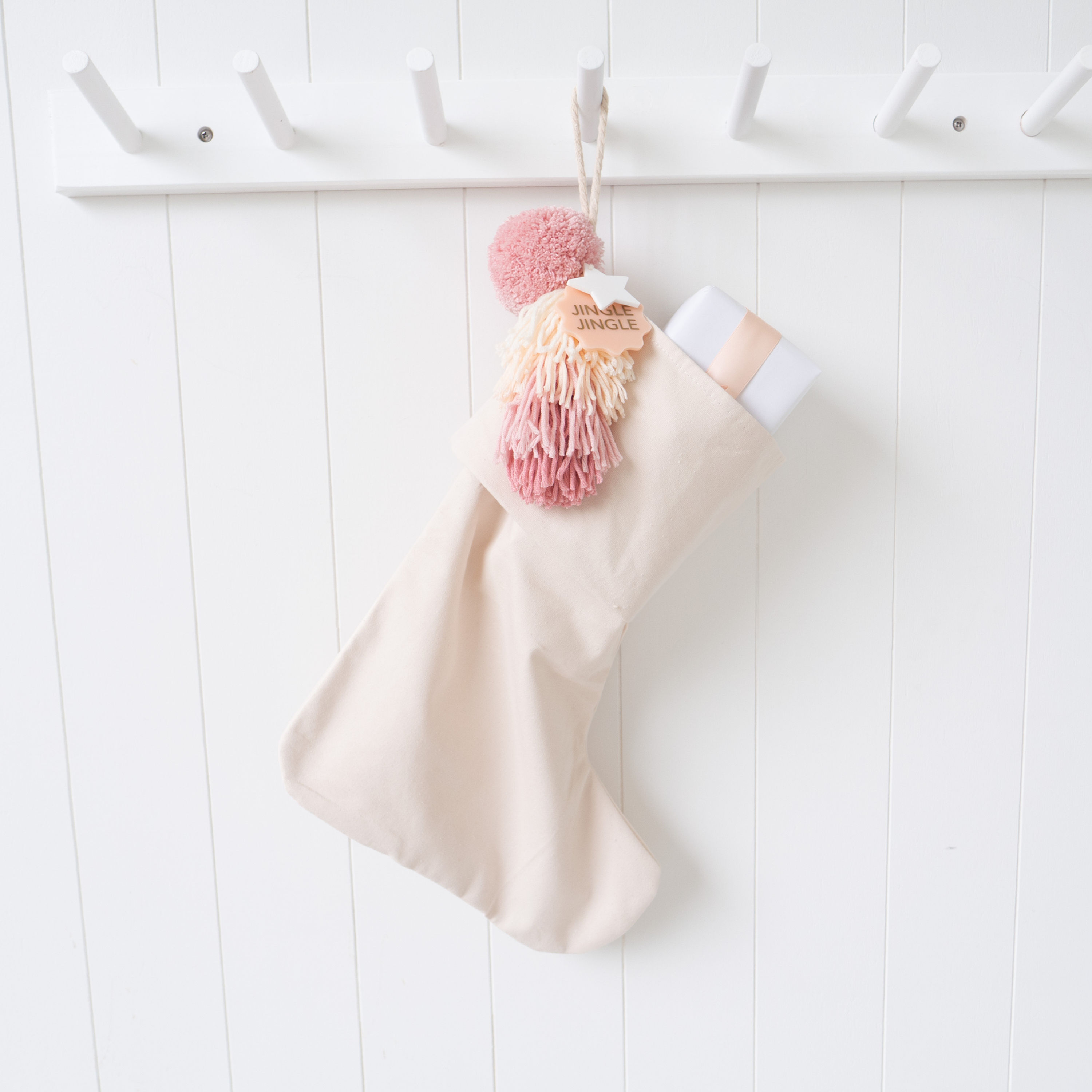 Cotton Santa Stocking - Cream with Dusty Pinks