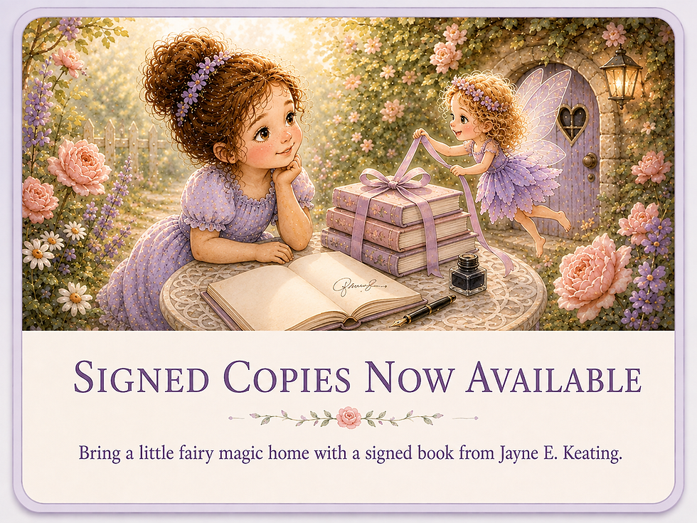 Poppy and Rosalie beside ribbon-wrapped storybooks and an open signed book by Jayne E. Keating.