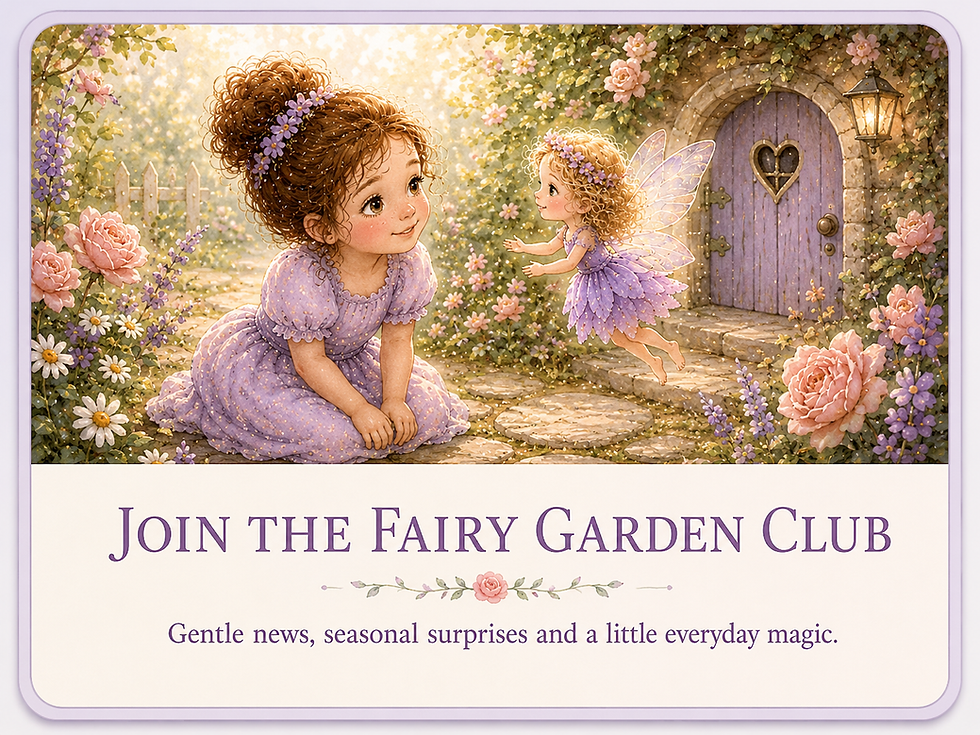 Poppy and Rosalie beside a fairy door. Join the Fairy Garden Club for gentle news, seasonal surprises and everyday magic.