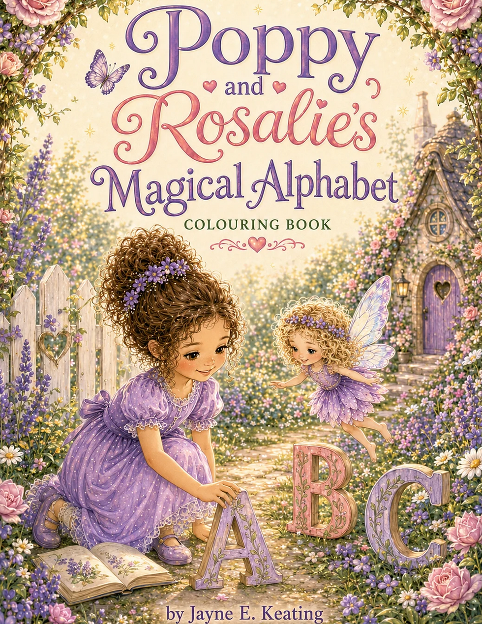 Poppy and Rosalie's First Magical Alphabet Book colouring book cover by Jayne E. Keating, featuring Poppy and Rosalie surrounded by letters and magical garden details.