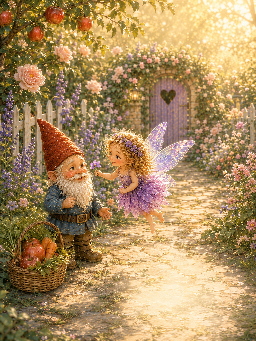 Rosalie and friendly garden gnomes in a magical garden colouring book scene