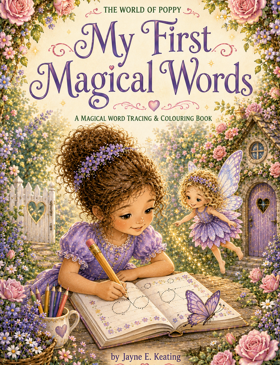 My First Magical Words tracing book cover by Jayne E. Keating, featuring Poppy and Rosalie in a magical garden.