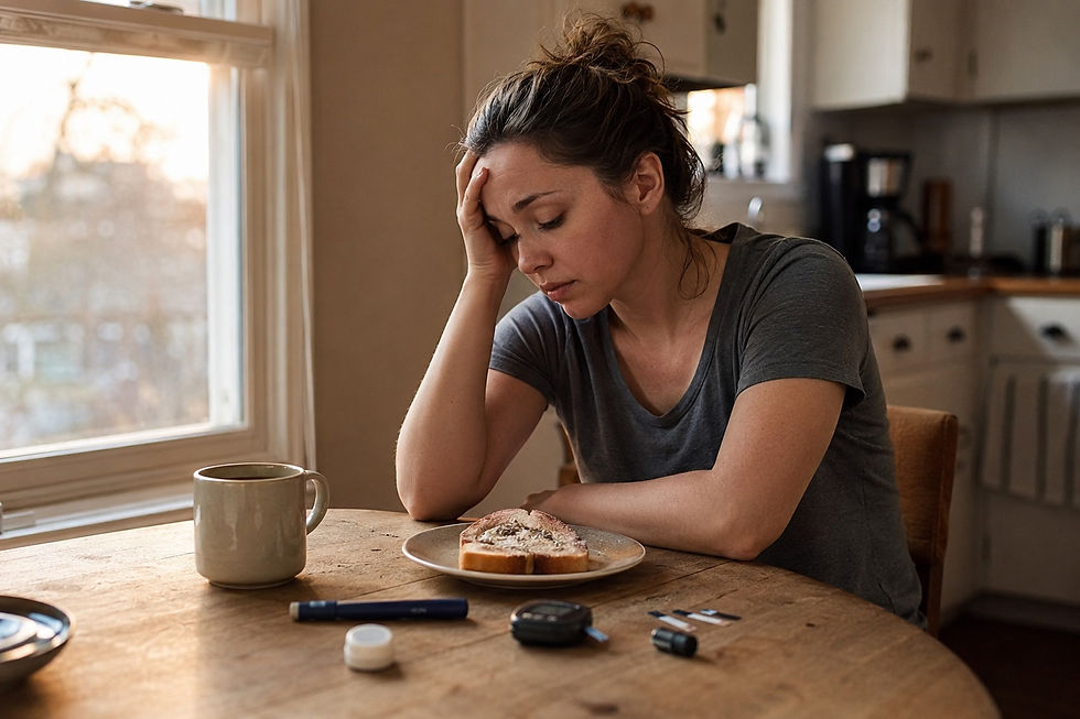 Sad woman at a kitchen table with toast, coffee, and diabetes testing supplies, looking weary in morning light.