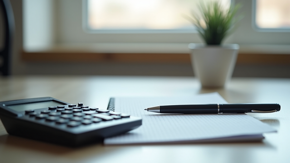 Close-up view of a neat desk with a calculator, notebook, and pen