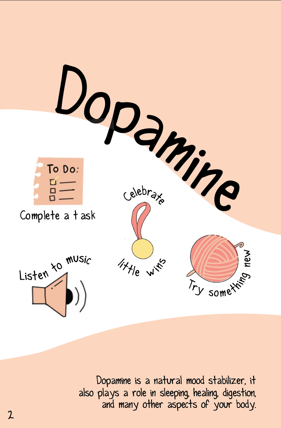 Happy Hormones booklet page for dopamine, showcasing doodles and tips like checking off tasks and celebrating small wins.