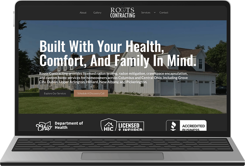 Website design mockup created by Taylo Studio for Roots Contracting, a Central Ohio home services and radon mitigation company