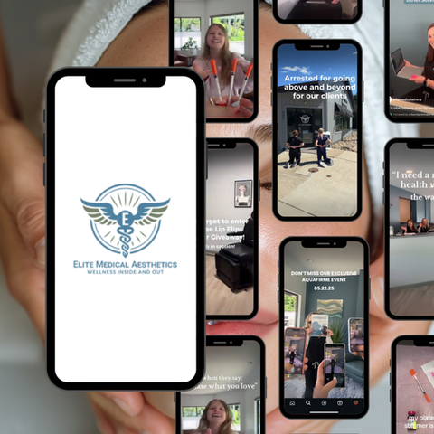 Elite Medical Aesthetics social media content displayed on mobile screens featuring medspa branding and reels