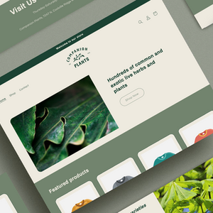 
Website mockup for Companion Plants, displayed on a green background, featuring a clean, earthy design built for Shopify.