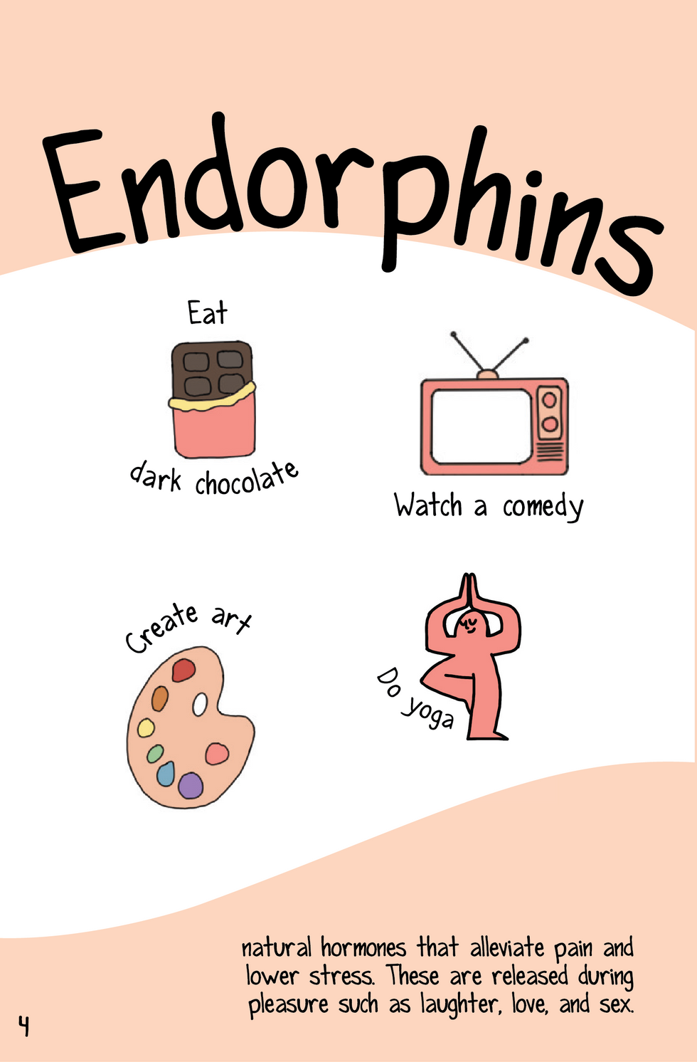 Happy Hormones booklet page for endorphins, with hand-drawn doodles and tips for boosting feel-good energy through movement and laughter.