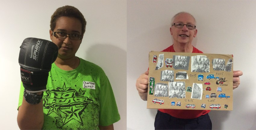 woman holding a boxing glove, man holding a memory box