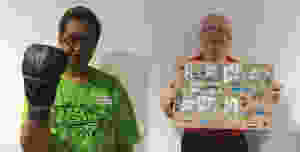 woman holding a boxing glove, man holding a memory box
