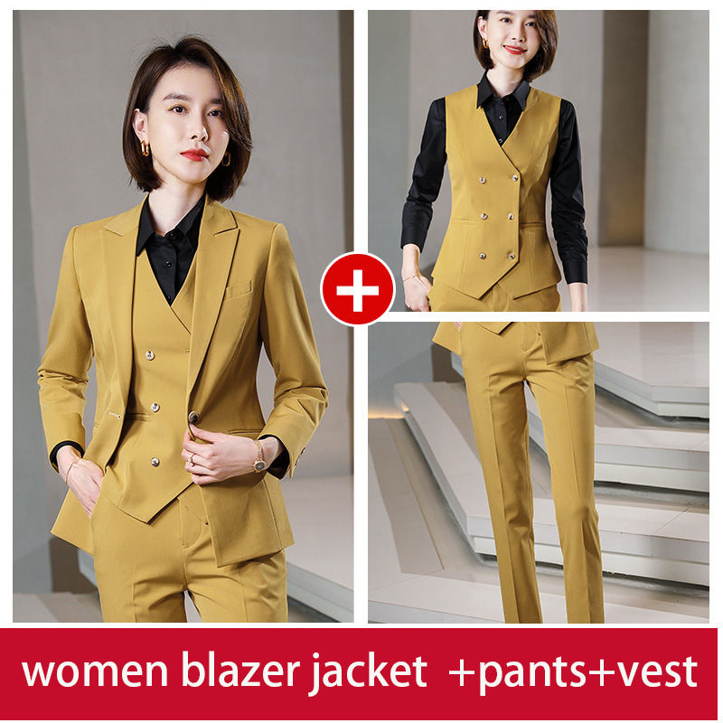 Thumbnail: 2 Pieces Khaki Double Breasted Brown Business Office Women & Men's Suits